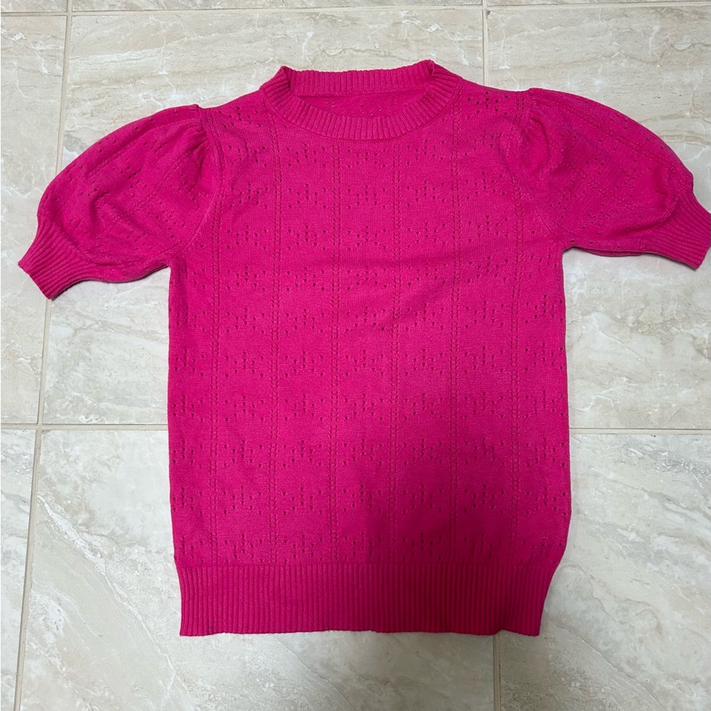 Short sleeve puff shoulder sweater with pointelle knit